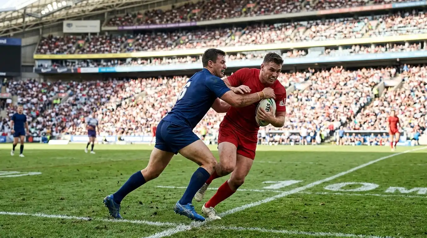 NRL-Spielszene in einem australischen Stadion mit Tackle-Situation und Tribünen voller Zuschauer