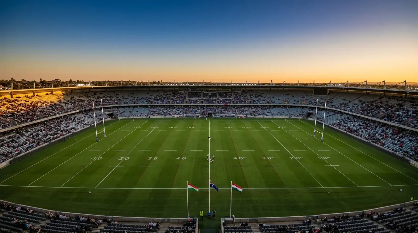 Rugby-League-World-Cup-Stadionansicht mit Spielfeld und Tribünen in Australien