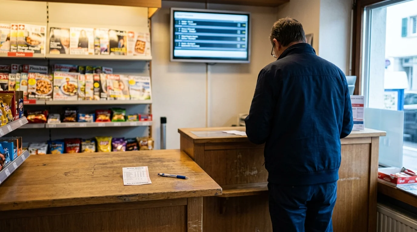 Sporttip-Wettannahmestelle in einem Schweizer Kiosk mit Wettscheinen und Bildschirm